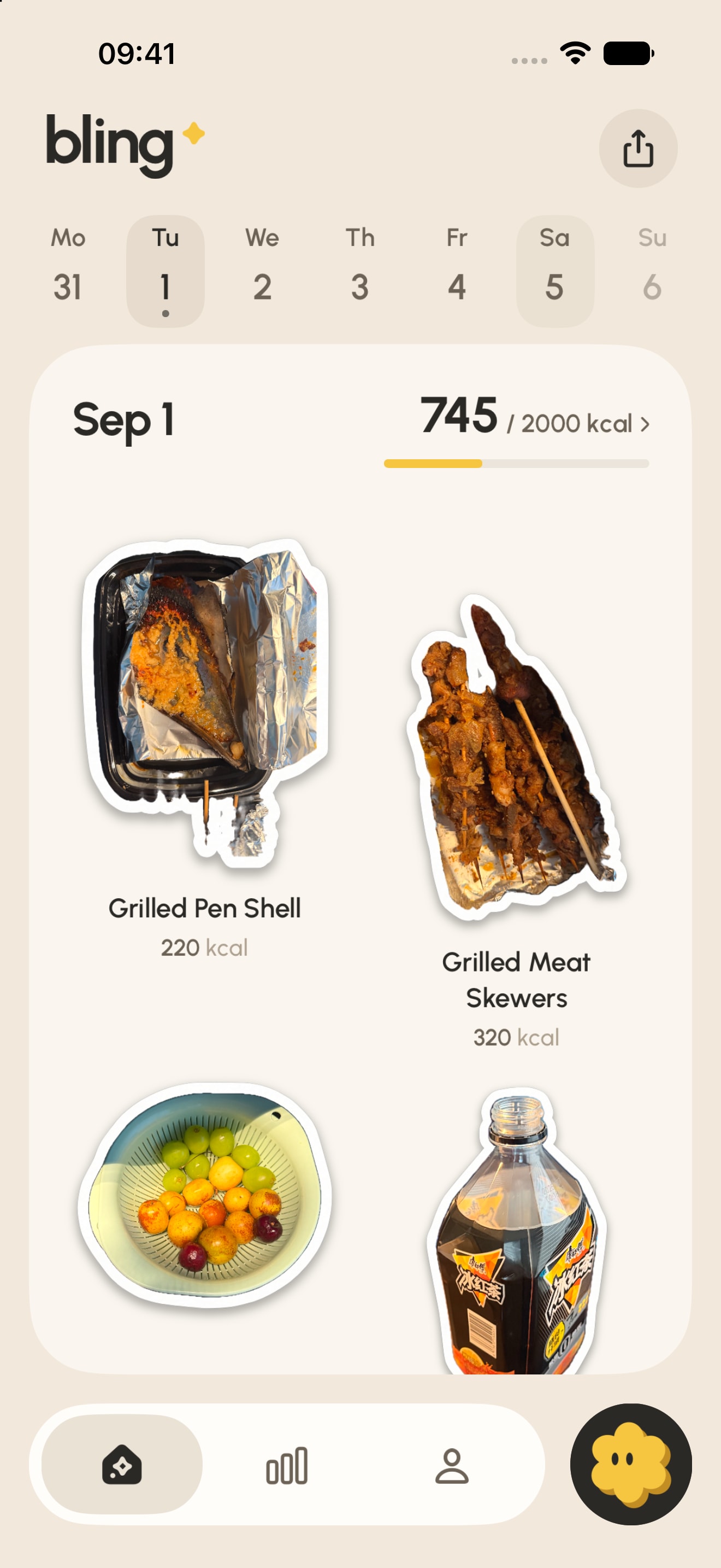 Bling’s sticker journal on iPhone, with real meal photos collected on a warm paper page