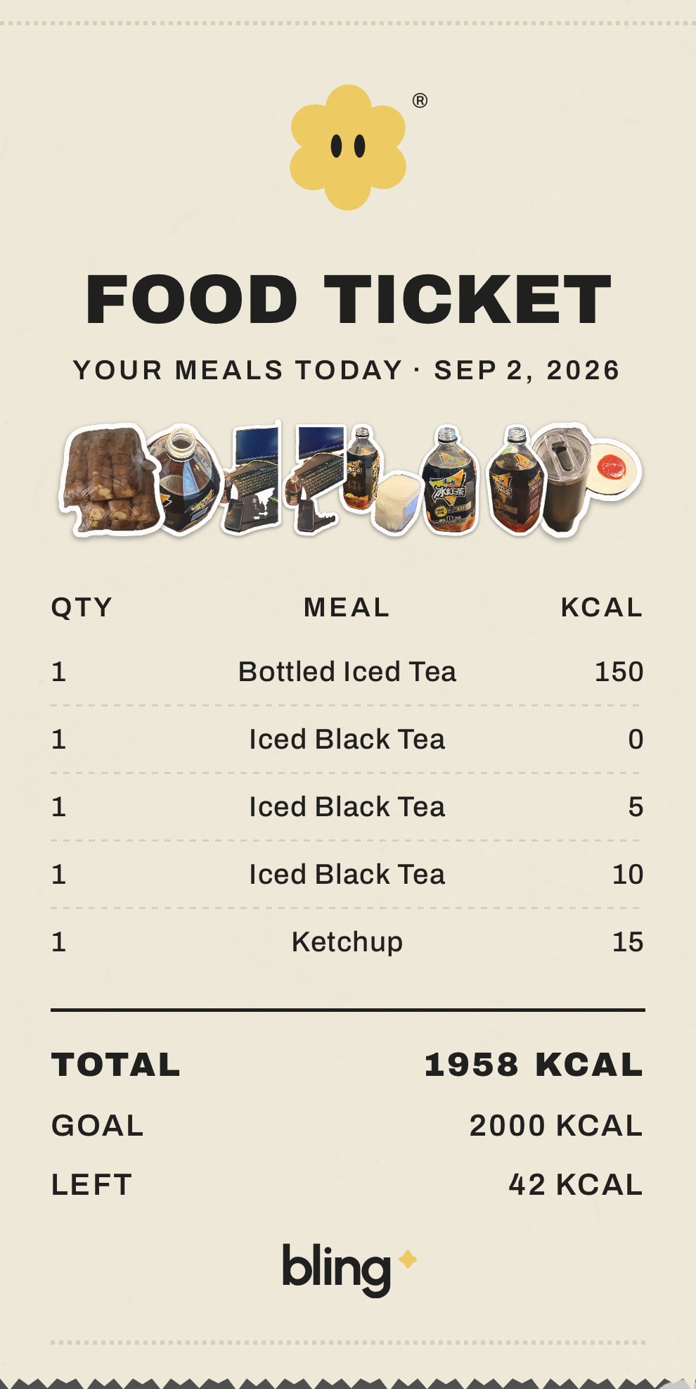 A FOOD TICKET from the current Bling app, with meal stickers and a daily recap